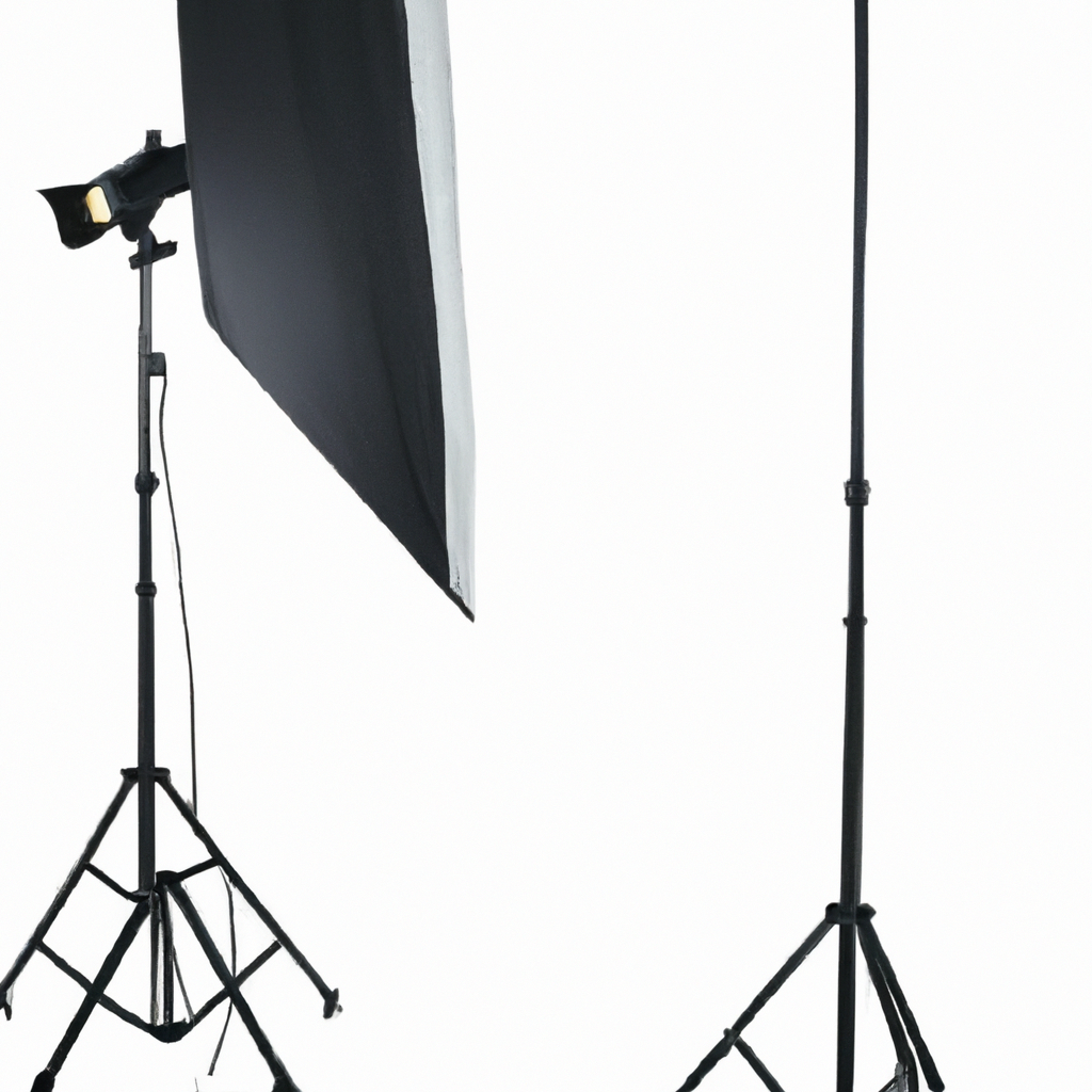 Estudio fotográfico blanco minimalista en Santiago de Chile con luces suaves, trípodes y cámara, ambiente profesional